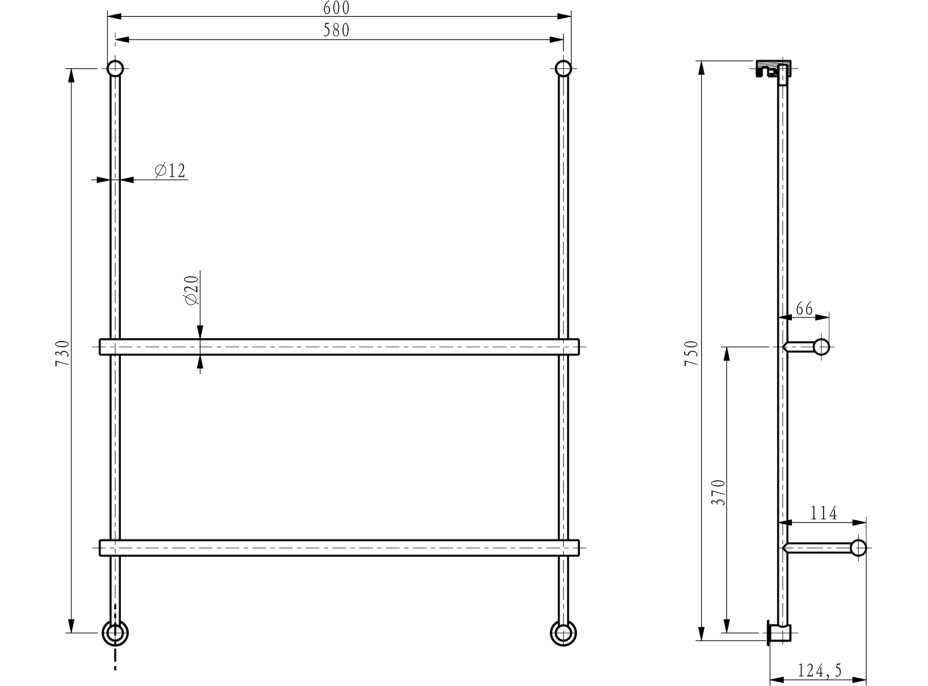 Sapho Závěsný držák ručníků na sprchovou zástěnu 600x730x125mm, chrom 1301-09