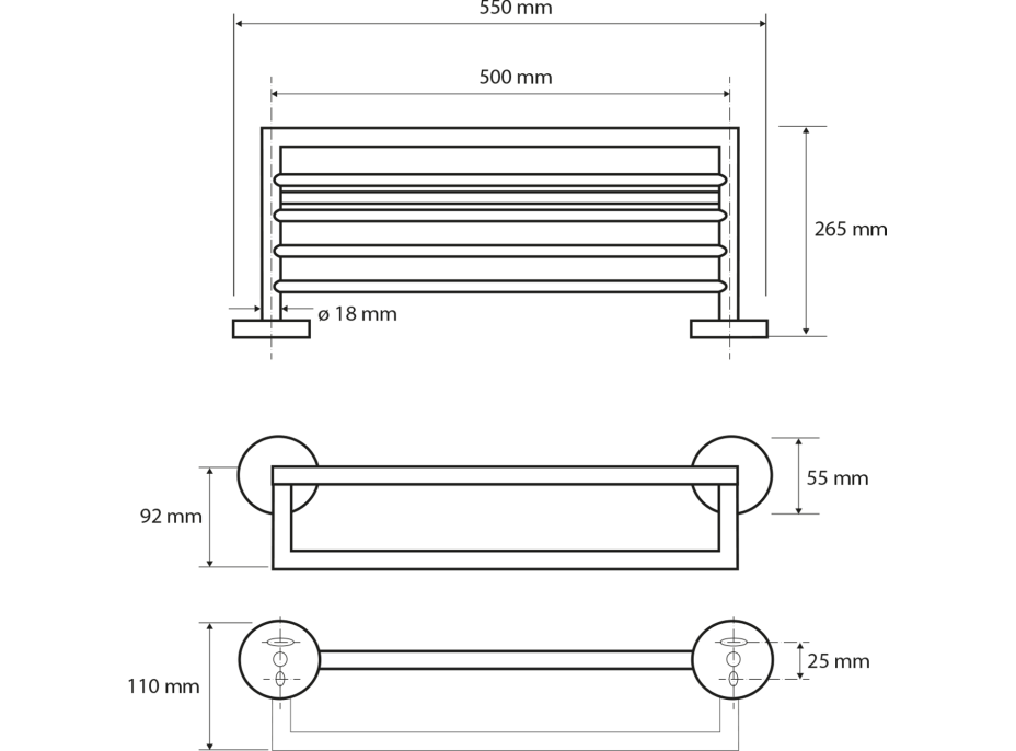 Sapho X-ROUND WHITE polička na ručníky s hrazdou 500mm, bílá XR421W