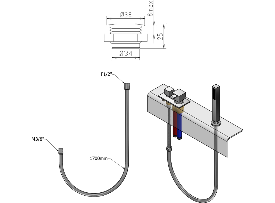 Sapho Sprchová průchodka na okraj vany včetně hadice  F1/2"-M3/8", kulatá, chrom 1205-04