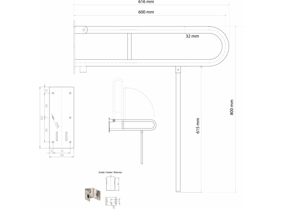 Sapho HANDICAP madlo sklopné s opěrnou nohou 600mm, nerez lesk XH521