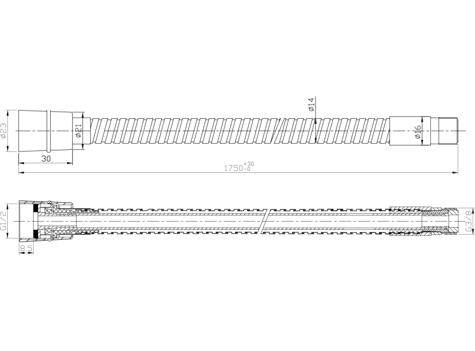 Sapho Sprchová hadice pro výsuvné sprchy, F1/2"-M3/8", 175cm, chrom FLE16