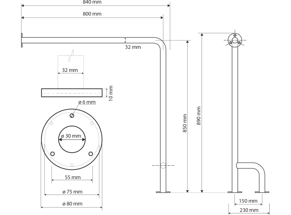 Sapho HANDICAP opěrné madlo LEVÉ 800x850mm, bílá XH526W