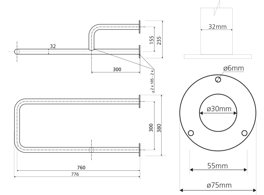 Sapho HANDICAP podpěrné madlo LEVÉ 760mm, nerez lesk XH532