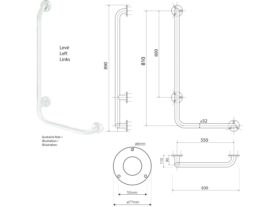 Sapho HANDICAP nástěnné madlo LEVÉ 810x550mm, nerez lesk XH522