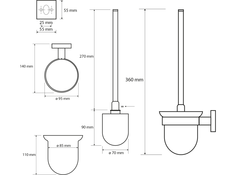 Sapho X-SQUARE WC štětka závěsná, mléčné sklo, chrom XQ301