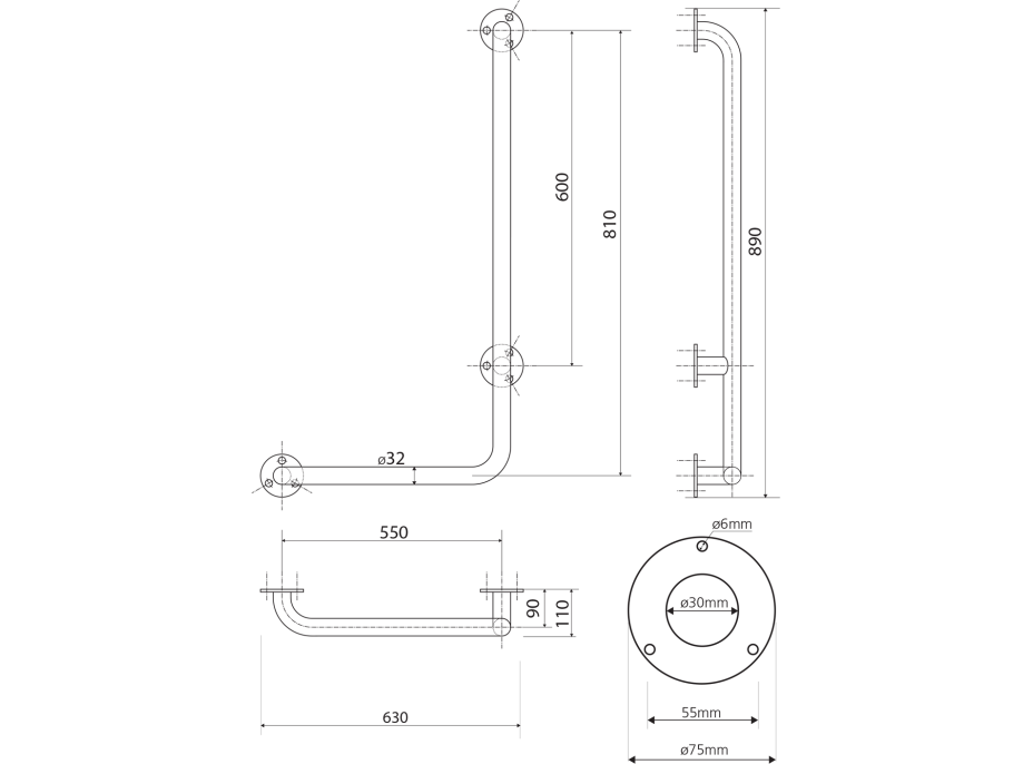 Sapho HANDICAP nástěnné madlo PRAVÉ 810x550mm, bílá XH524W