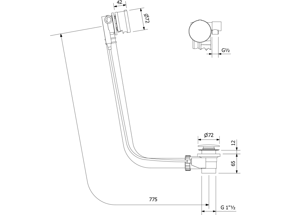 Polysan Vanová souprava s napouštěním, bovden, délka 775mm, zátka 72mm, černá mat 71685B