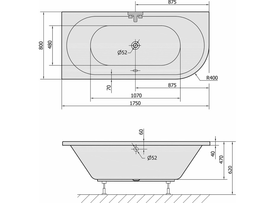 Polysan VIVA L asymetrická vana 175x80x47cm, černá mat 70119.21