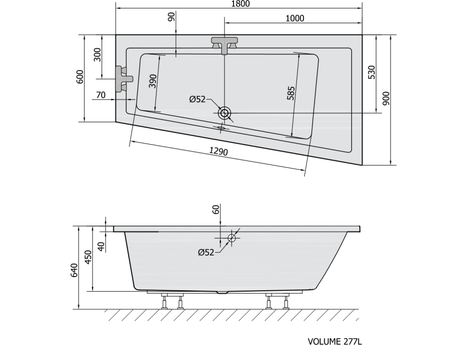 Polysan ANDRA R asymetrická vana 180x90x45cm, černá mat 78771.21