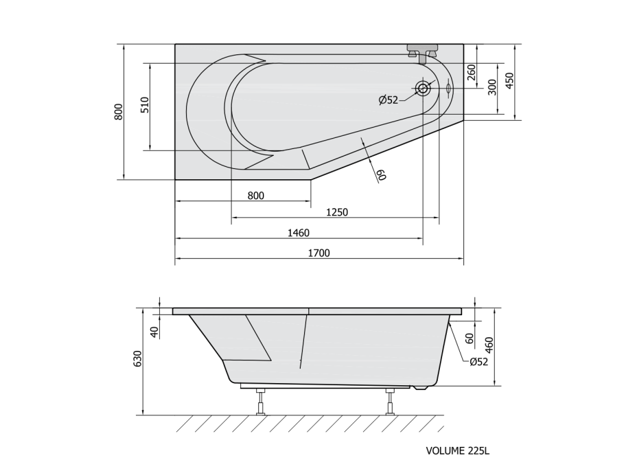 Polysan TIGRA L asymetrická vana 170x80x46cm, černá mat 90111.21