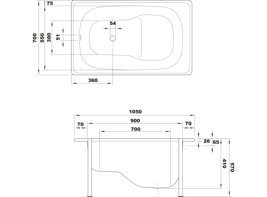 SMAVIT Sedací smaltovaná vana 105x70cm, bílá V105X70