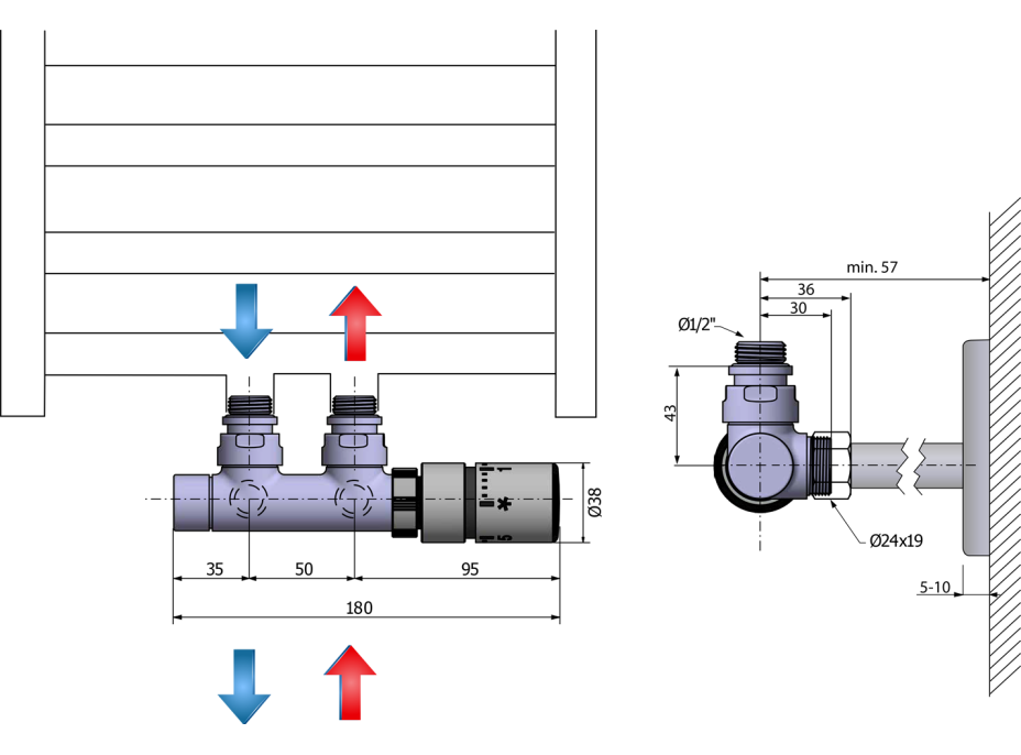 Sapho TWIN připojovací sada ventilů termostatická pro středové připojení, pravá, chrom CP3010S