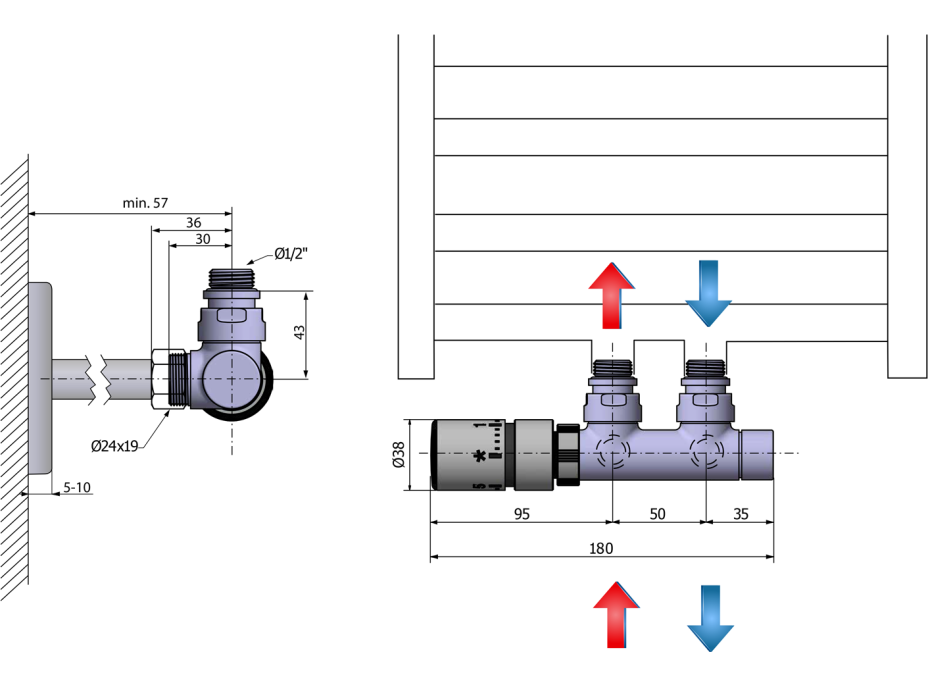 Sapho TWIN připojovací sada ventilů termostatická pro středové připojení, levá, nerez mat CP3525S