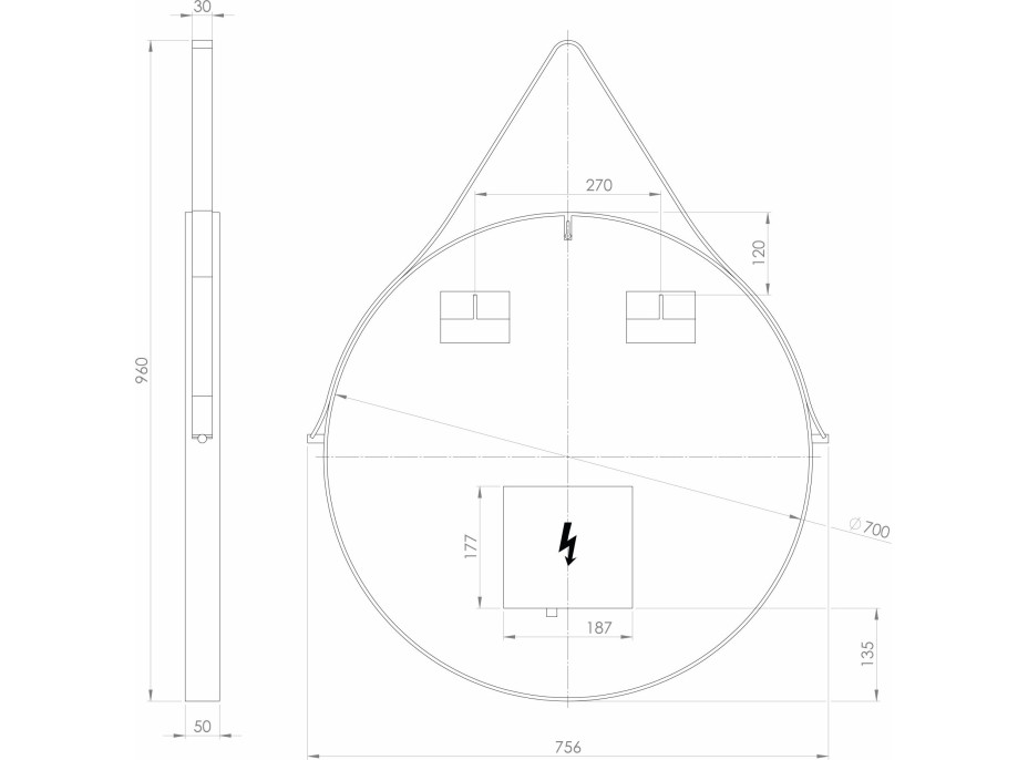 Sapho ORBITER kulaté zrcadlo s LED osvětlením ø 70cm, kožený pásek, černá mat ORL070