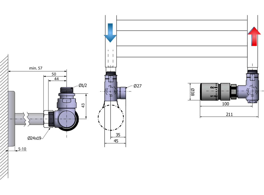 Sapho CORNER COMBI připojovací sada ventilů termostatická triaxiální, pravé provedení, chrom CP3022S