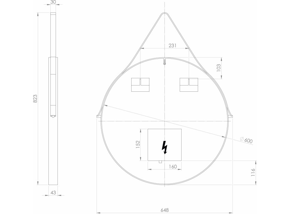 Sapho ORBITER kulaté zrcadlo s LED osvětlením ø 60cm, kožený pásek, černá mat ORL060