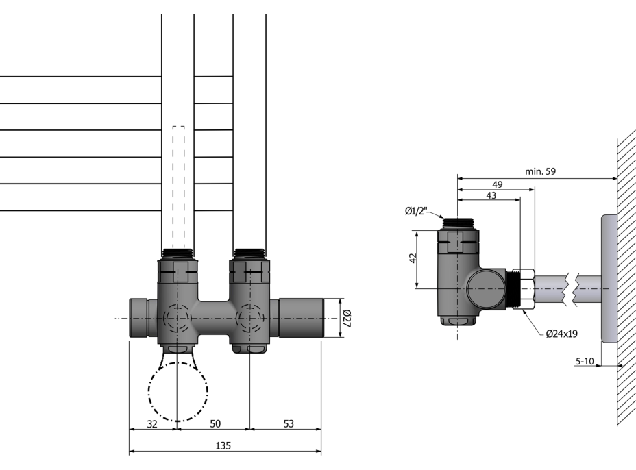 Sapho TWIN COMBI připojovací sada ventilů pro středové připojení, pravá, chrom CP461S