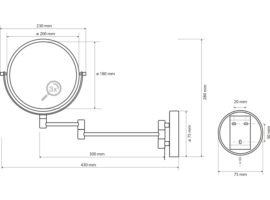 Sapho X-ROUND závěsné kosmetické zrcátko Ø 180mm, chrom XR006