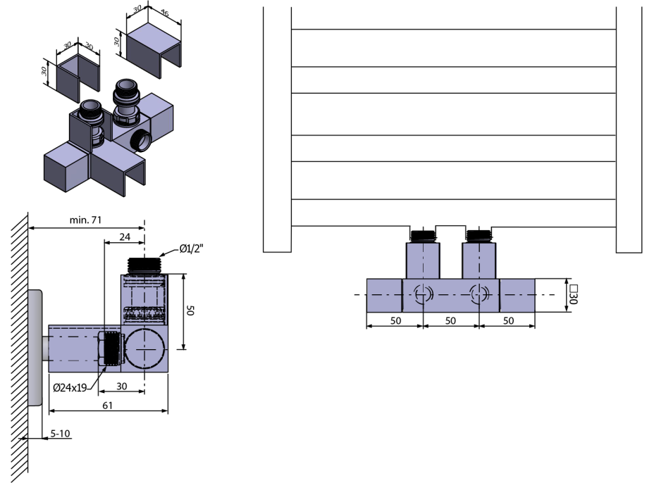 Sapho CUBE TWIN připojovací sada ventilů pro středové připojení, rozteč 50 mm, chrom CP581