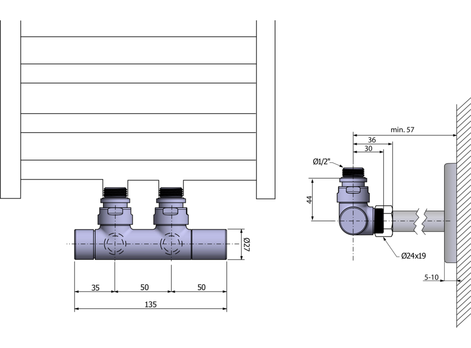 Sapho TWIN připojovací sada ventilů pro středové připojení, chrom CP401S