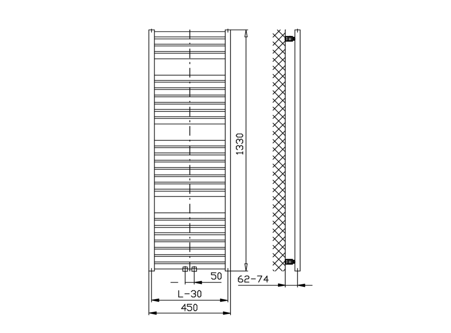 Aqualine TONDI otopné těleso rovné 450x1330 mm, středové připojení, bílá DT470T