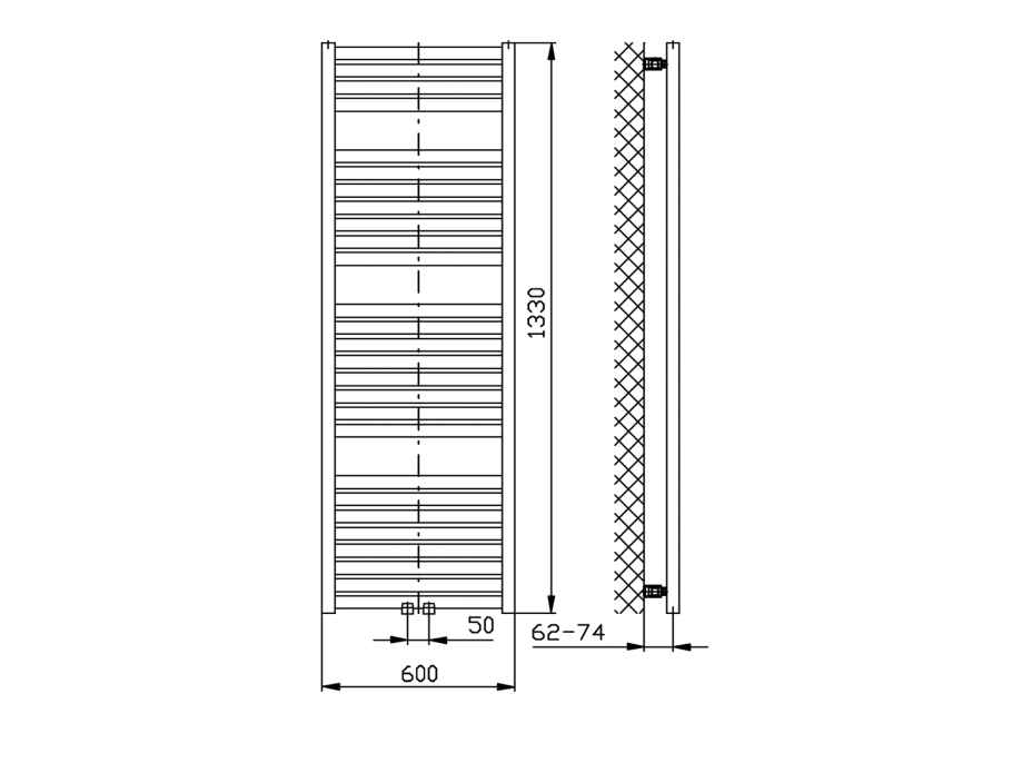 Aqualine TONDI otopné těleso rovné 600x1330 mm, středové připojení, černá mat DT486T