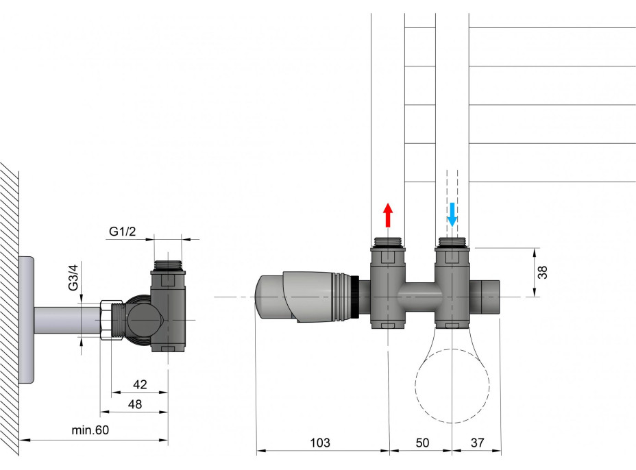 Bruckner WICHER COMBI připojovací sada termostatická pro středové připojení 50mm, černá mat 600.331.6