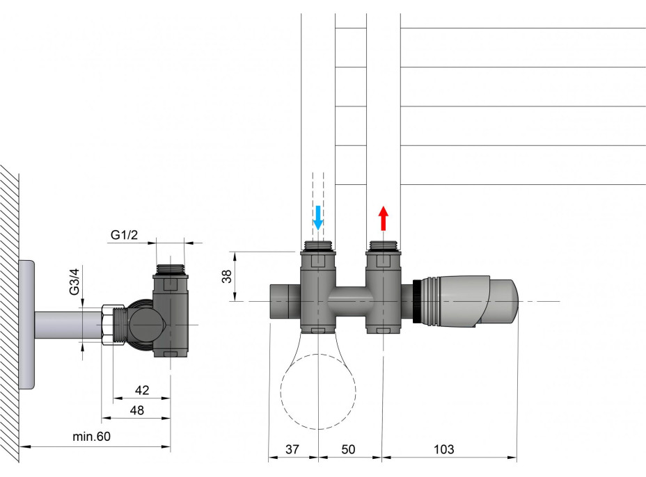 Bruckner WICHER COMBI připojovací sada termostatická pro středové připojení 50mm, chrom 600.331.1