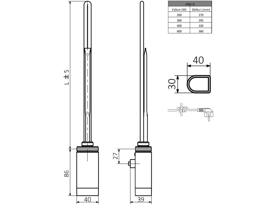 Sapho ONE D topná tyč s termostatem, 200 W, levá, chrom ONE-DL-C-200