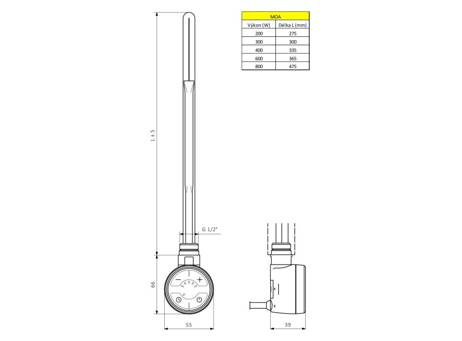 Sapho MOA topná tyč s termostatem, 400 W, chrom MOA-C-400