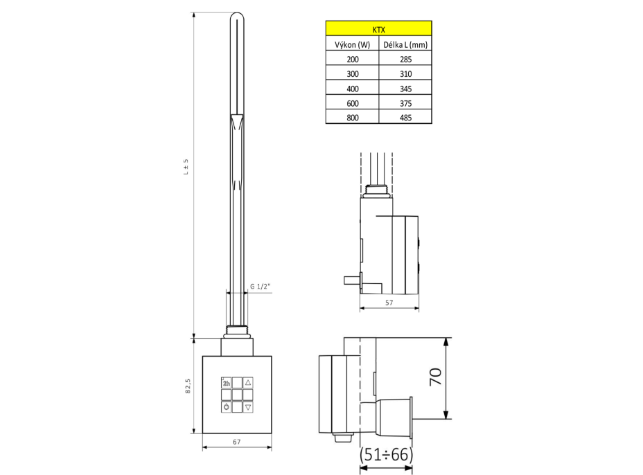 Sapho KTX topná tyč s termostatem, s krytem pro kabel, 800 W, chrom KTX-CW-800