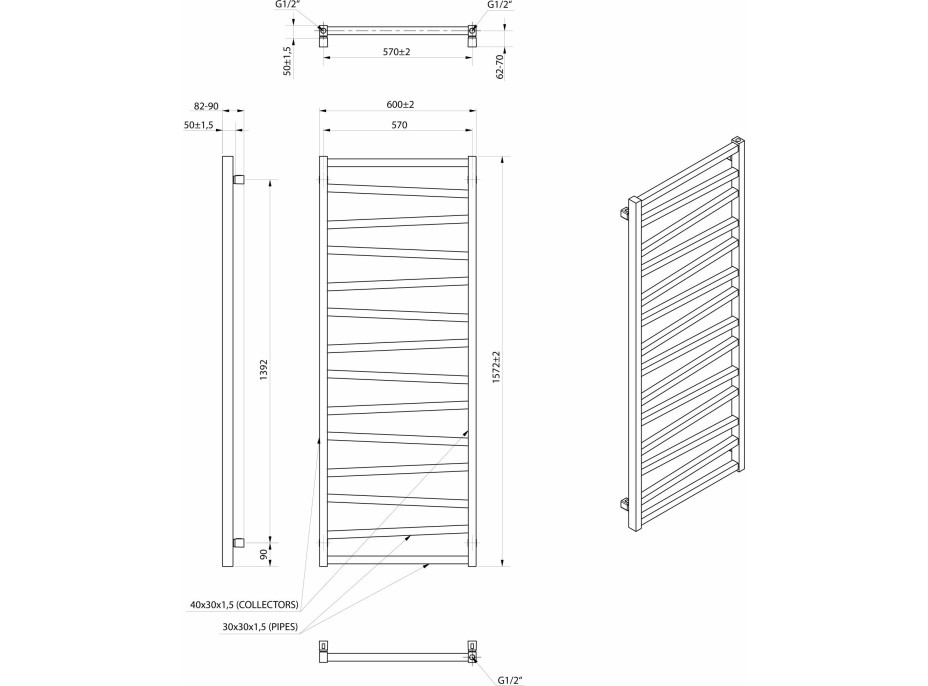 Sapho ZIG otopné těleso 600x1572 mm, černá mat ZG616B