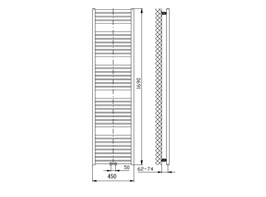 Aqualine TONDI otopné těleso rovné 450x1690 mm, středové připojení, černá mat DT446T