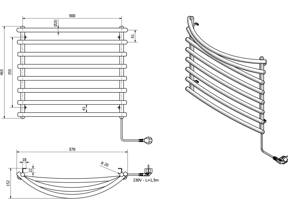 Aqualine Elektrický sušák ručníků, 570x465mm, 72W, bílý SU110A