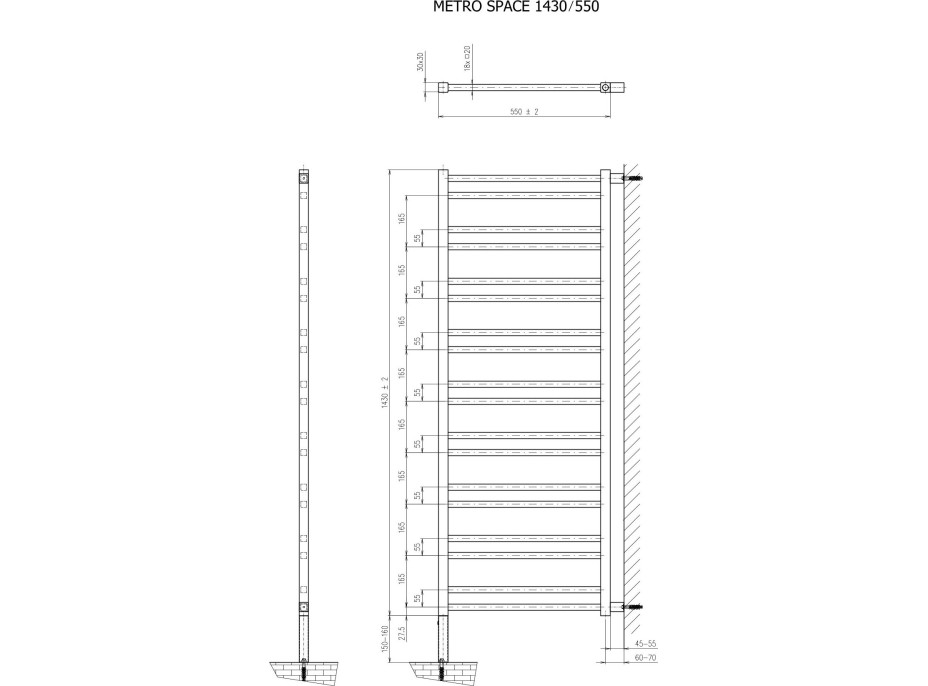 Sapho METRO SPACE otopné těleso 550x1430 mm, do prostoru, černá mat IR438B