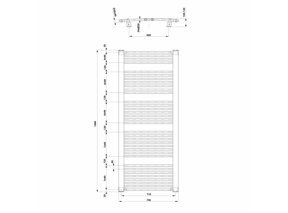 Aqualine ORBIT otopné těleso s bočním připojením 750x1680 mm, bílá ILO67T