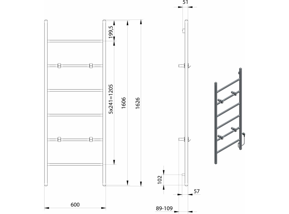 Sapho BARBO elektrický sušák ručníků, hranatý, 600x1600mm, 160 W, černá mat BB906