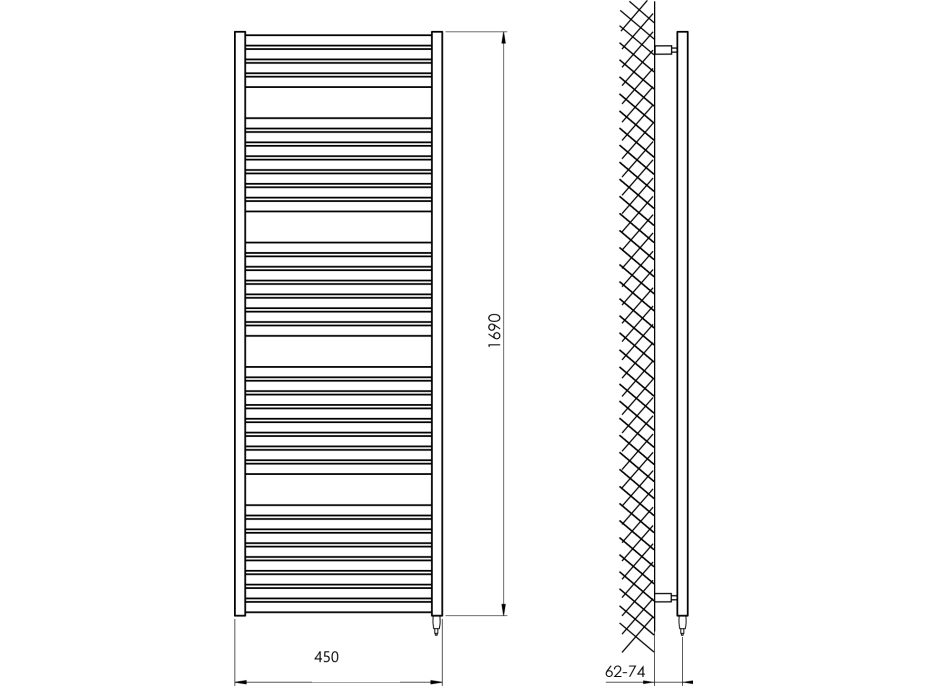 Aqualine TONDI-E elektrické otopné těleso rovné 450x1690 mm, 600 W, černá mat DE446T