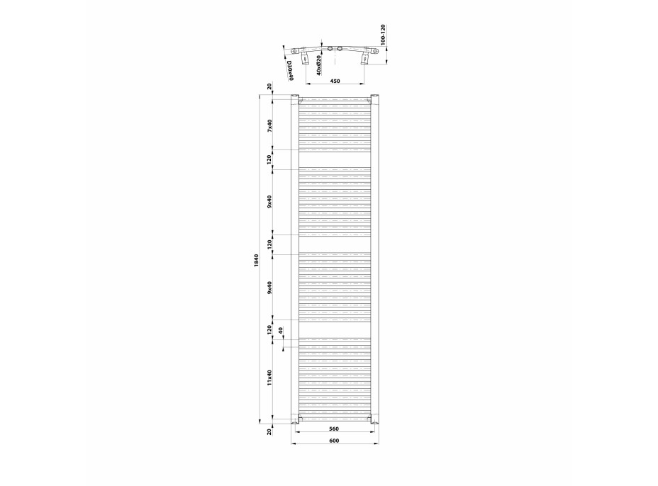 Aqualine ORBIT otopné těleso s bočním připojením 600x1850 mm, bílá ILO86T