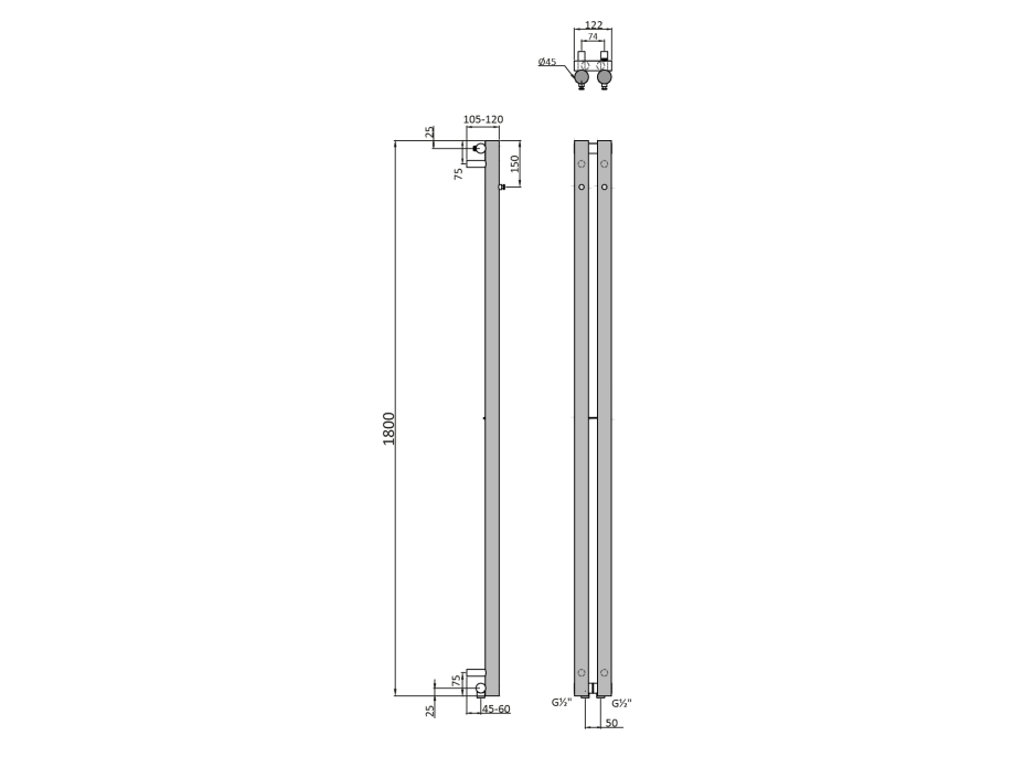 Sapho PILON otopné těleso 122x1800 mm, se dvěma háčky pro ručník, černá mat IZ124