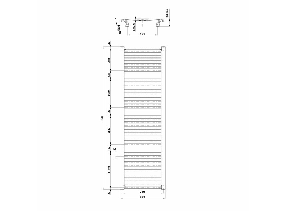 Aqualine ORBIT otopné těleso s bočním připojením 750x1850 mm, bílá ILO87T