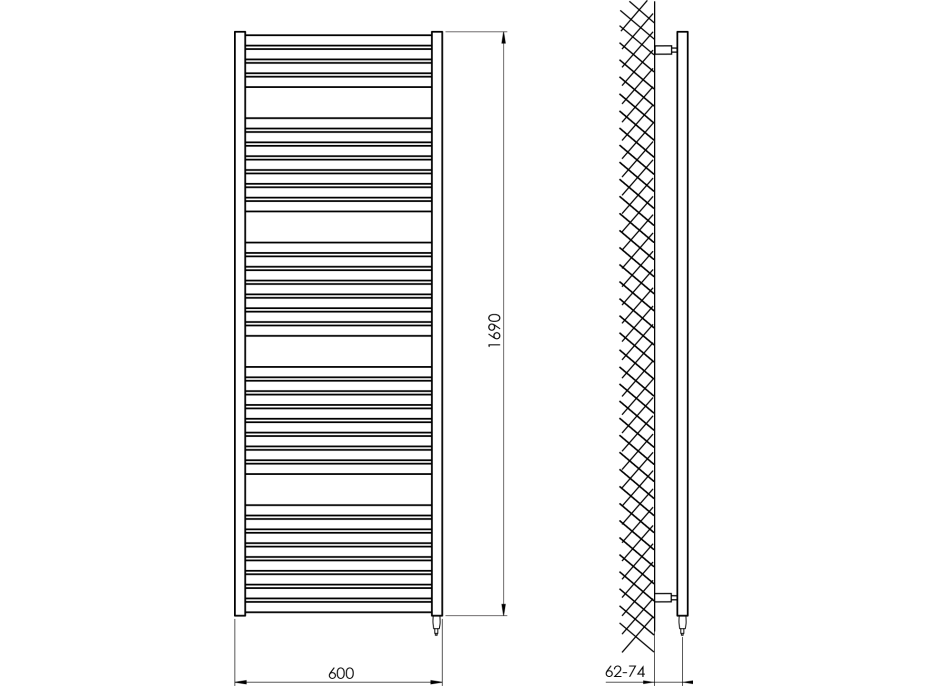 Aqualine TONDI-E elektrické otopné těleso rovné 600x1690 mm, 800 W, bílá DE490T