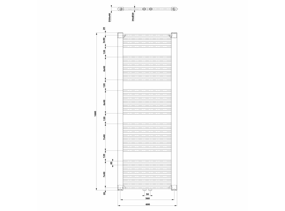 Aqualine DIRECT otopné těleso se středovým připojením, 600x1680 mm, bílá ELM66T