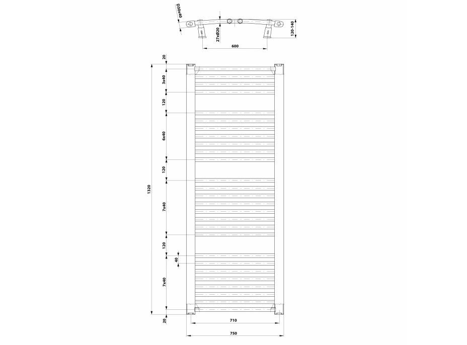 Aqualine ORBIT otopné těleso s bočním připojením 750x1320 mm, bílá ILO37T