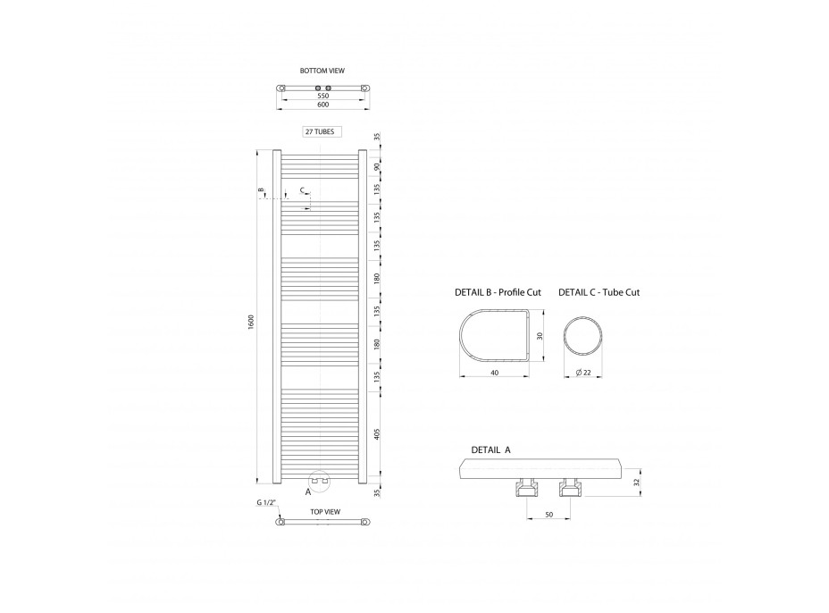 Aqualine ALYA otopné těleso rovné 600x1600mm, středové připojení, chrom LLS305