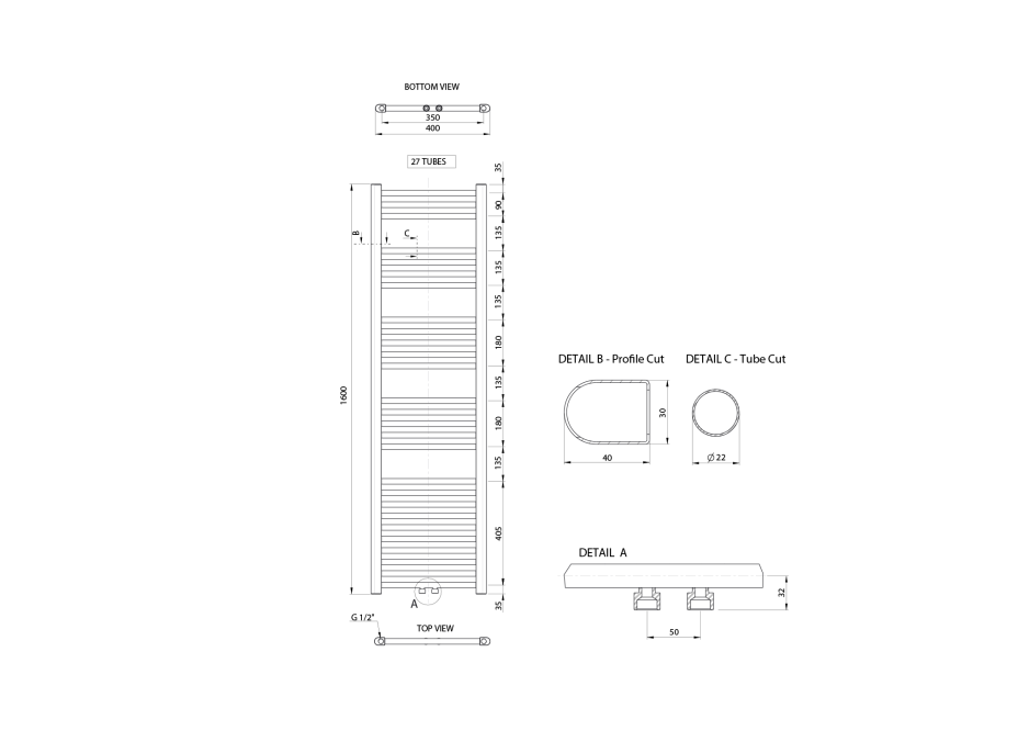 Aqualine ALYA otopné těleso rovné 400x1600mm, středové připojení, chrom LLS309