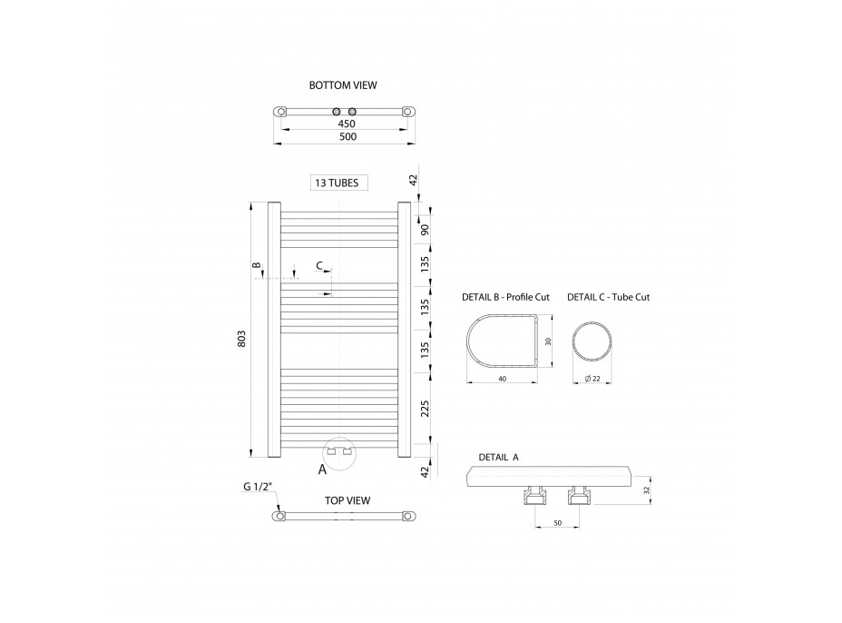 Aqualine ALYA otopné těleso rovné 500x803mm, středové připojení, chrom LLS301