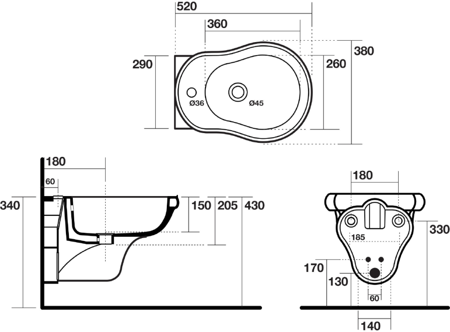 Kerasan RETRO bidet závěsný 38x52cm, černá mat 102631