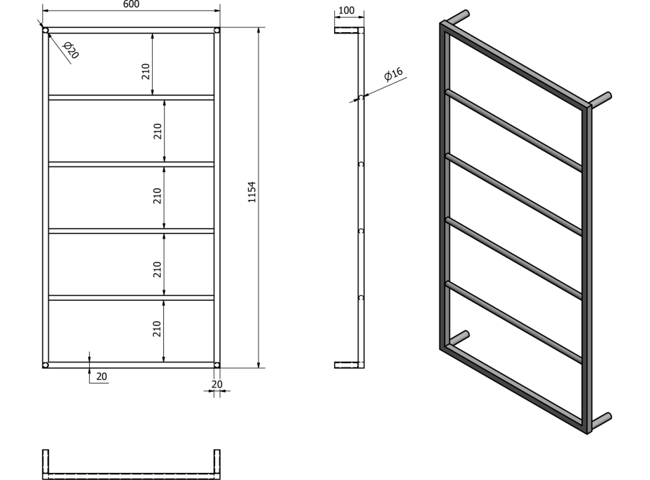 Sapho SKA nástěnný sušák ručníků 600x1150x100mm, bílá mat SKA512