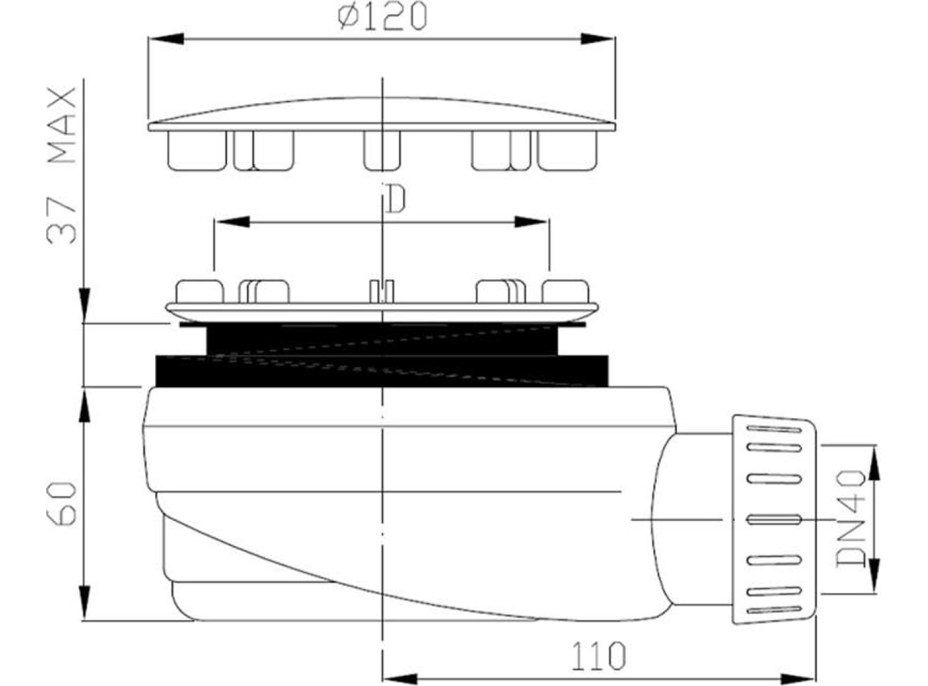 Polysan Vaničkový sifon, průměr otvoru 90mm, DN40, nízký, krytka černá mat 1716B